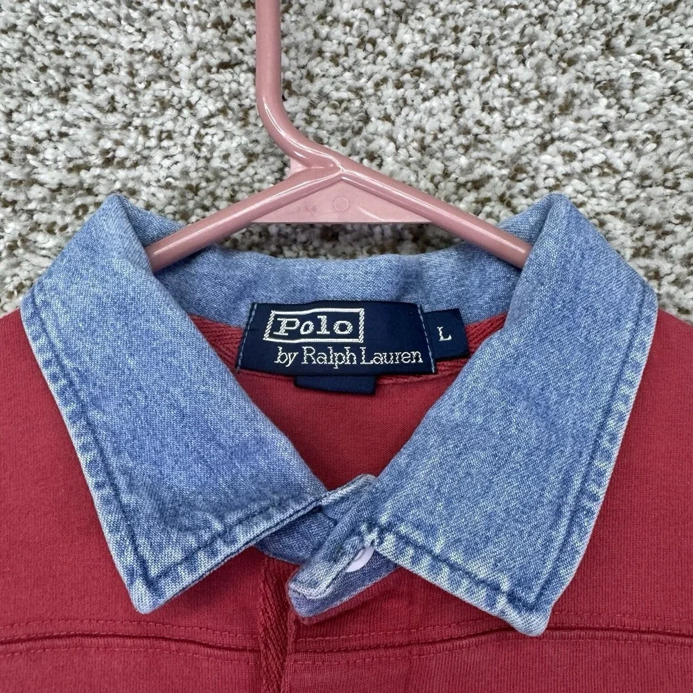 Vintage 90s Polo Ralph Lauren Polo Shirt Men's Size Large Red Denim Collar Rugby